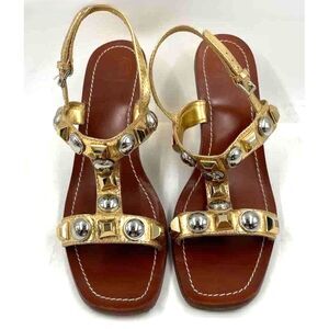 EUC Tory Burch Gold and Brown "NATALIE" Leather T-Strap Slingback Heels Size 10M